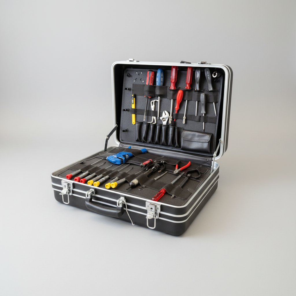 Tool case with various tools organized inside on a white background