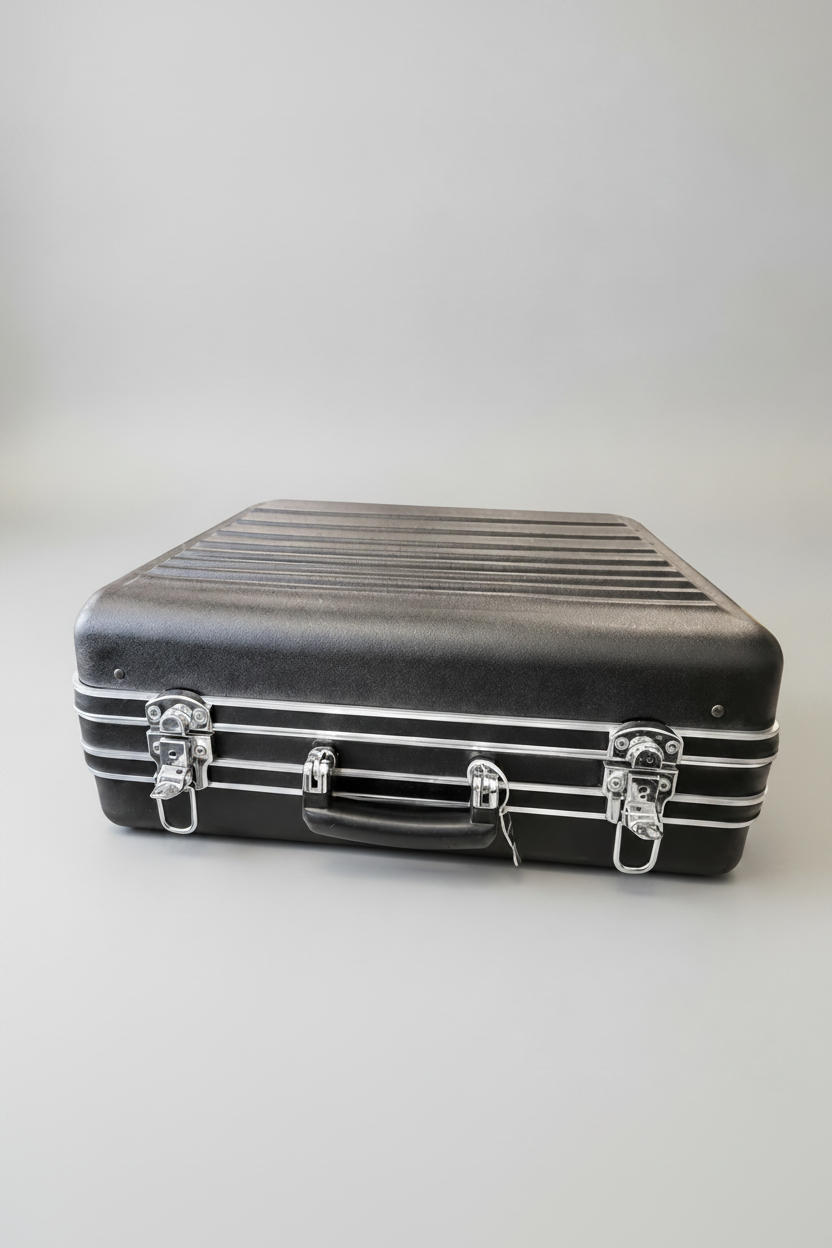 Black suitcase with silver straps on a white background