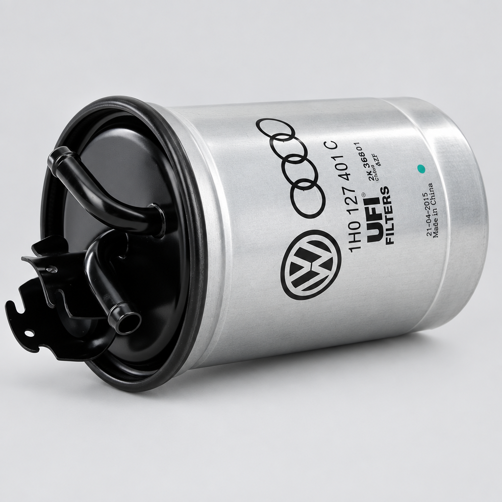 A Volkswagen UFI Filters metal fuel pump filter with black rubber components, photographed on a clean white background.