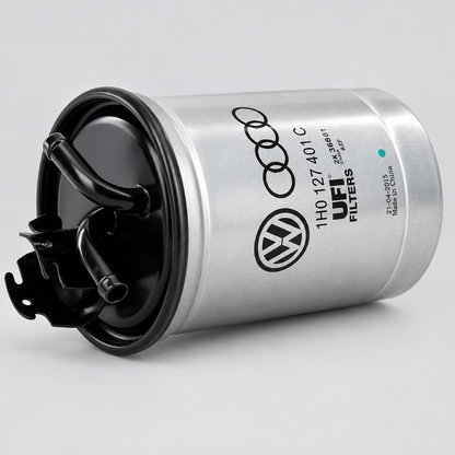 A Volkswagen UFI Filters metal fuel pump filter with black rubber components, photographed on a clean white background.